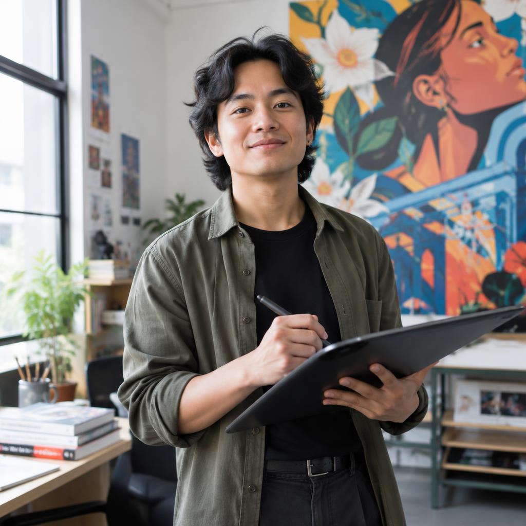 A Filipino artist creating digital artwork in his studio